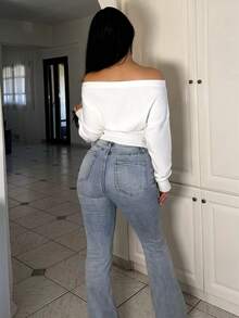 Vassilux Beige Floral 3D Oblique Shoulder Loose Spring Knit Pullover, Romantic For Outings, Spring/Autumn/Winter,Off The Shoulder Sweater - White - View 4