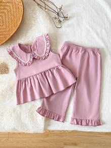2pcs Baby Girls Elegant Gray-Pink Peter Pan Collar Apricot Ruffle Trim Sleeveless Top And Pants Casual Comfortable T-Shirt Set - Pink - View 1