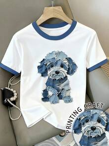 Áo thun ngắn tay cổ tròn họa tiết hình cún con dễ thương dành cho bé gái tuổi teen, đa năng cho mặc hàng ngày. - trắng - Xem 3