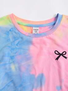 SHEIN 少女休闲街头风时尚扎染蝴蝶结印花T恤和打底裤两件套，百搭日常穿搭，Y2K风格 - 彩色 - 查看 3