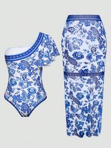 Swim Oasis Retro Print One-Piece Swimsuit With Shoulder Design & Beach Cover-Up, High-End Fashion Hot Seller For Summer - Multicolor - View 6