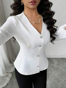 Elenzga Women's V-Neck Long Sleeve Blouse, Slimming Silhouette, Casual Office Wear, White, Suitable For Autumn, Winter, Spring - White - View 5