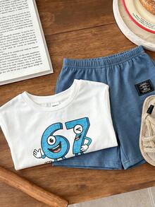 SHEIN 2pcs/Set Baby Boy/Girl Casual Cute Crayon Animal Print Loose Round Neck Knit Top T-Shirt And Shorts Set, Suitable For Spring/Summer Wear - Multicolor - View 6