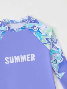 8-12岁女孩渐变波浪印花长袖两件式泳衣，夏季时尚泳装，适合青少年女孩学生海滩冲浪 - 彩色 - 查看 4