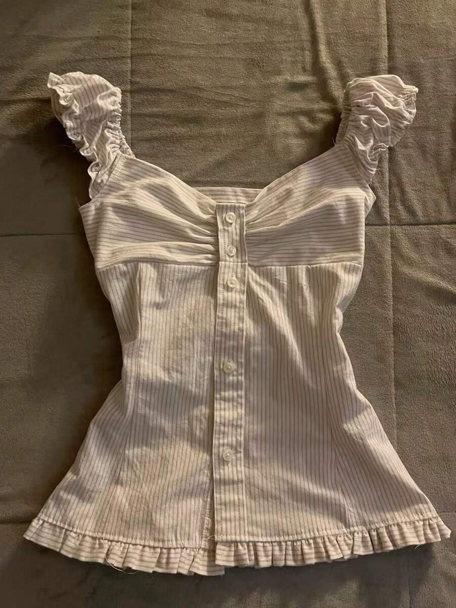 Glimmora Women's Ruffle Trim Striped Single-Breasted Blouse - Multicolor - View 1