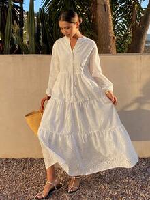 DAZY Women's Elegant White Round Neck Embroidered Shirt Dress, Spring/Summer - White - View 6