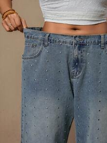 Freevana Plus Size Casual Washed Rhinestone Decor Wide Leg Jeans, Summer, Summer, Spring, Spring Women, Carnival, Carnival Costume, Party , Beach , Going Out, For Date, Party, Cocktail, Formal Events, Vacation, Office, Work, Commute, Wedding Guest, And Western Festival - Blue - View 7
