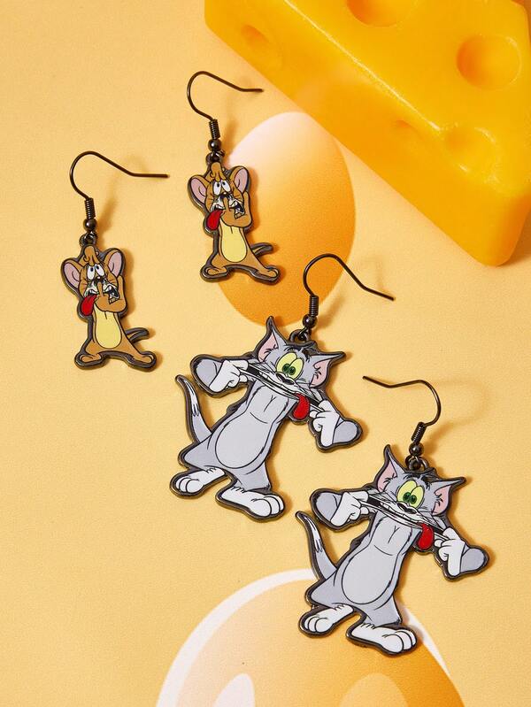 TOM & JERRY X SHEIN Cartoon Element Printed Zinc Alloy Stud Earrings, Luxurious Niche, Casual Chic, Suitable For Various Parties, Concerts, Festivals