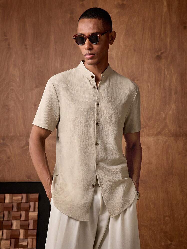 Casual Collared Front Button Closure Woven Short Sleeve Shirt, Versatile Men's Summer Outfit Men's Summer Button Up Men's Resort Wear Men's Linen Shirt Linen Outfits For Men Men Silk Summer Outfits Men Linen Outfit Men's Textured Shirt Beige Men Shirt