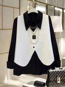 Franclia 女士撞色纯色翻领衬衫，适合通勤、办公、返校、教学、室内外穿着，春秋季款 - 黑與白 - 查看 3