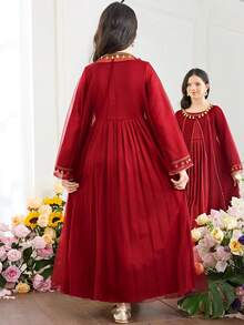 SHEIN 少女优雅长袖外套连衣裙套装 - 紅色 - 查看 9