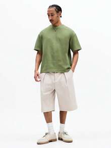 SUMWON 男士超大款麂皮纹理圆领短袖T恤，鼠尾草绿，适合休闲周末夏季街头穿搭。 - 綠色 - 查看 3