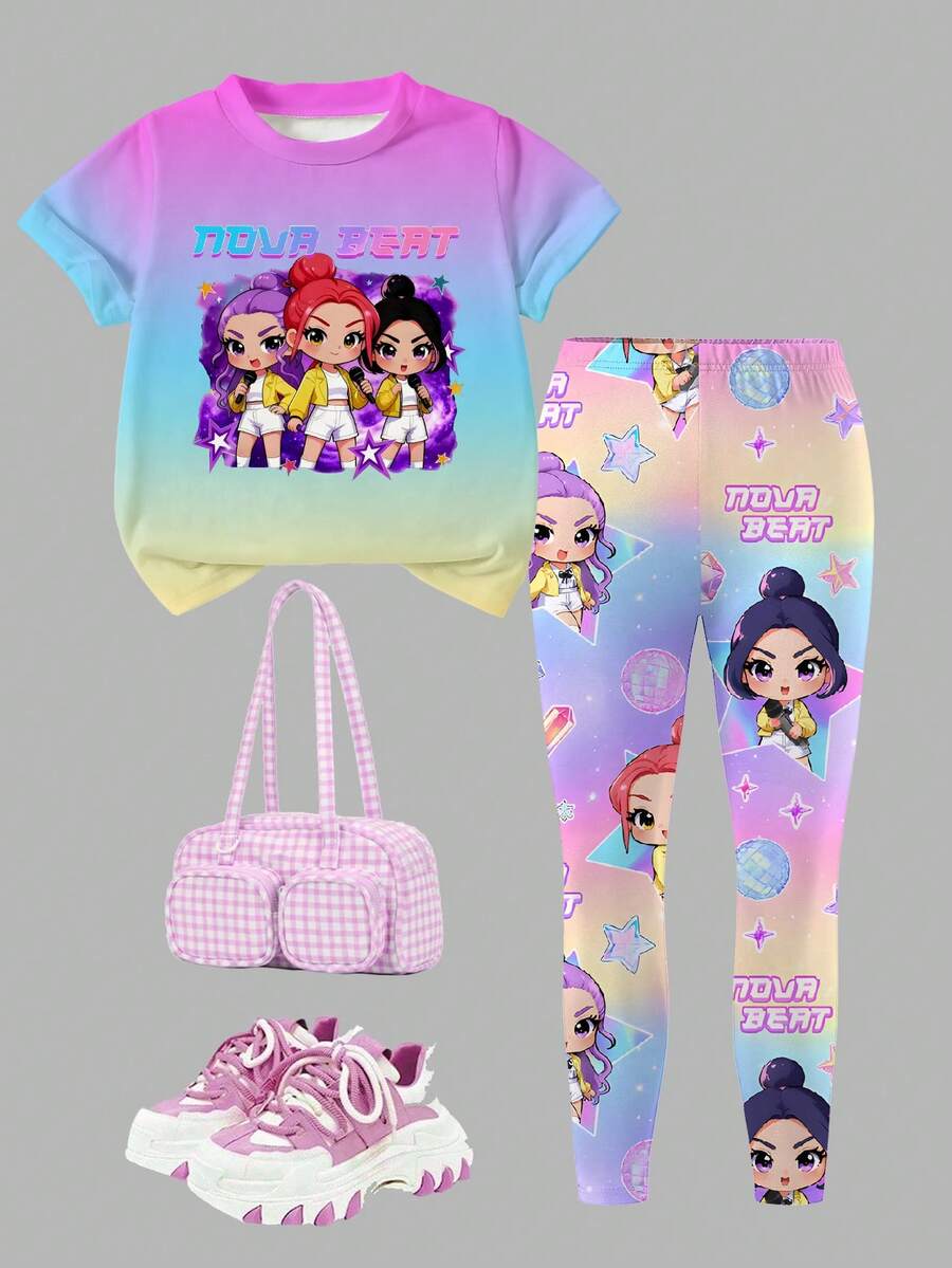 2pcs/Set Idol Girl Group Printed Top & Leggings Set, Fashionable Casual Outfit For Teenage Girls