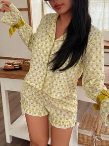 Heart Print Bow Tie Sleepwear Set For Women - Mustard Yellow - View 4