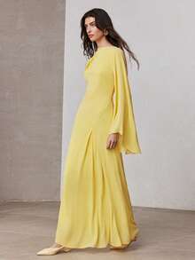 ZEYLAH Váy dài tay rộng không đối xứng ôm sát, mùa xuân - Màu vàng - Xem 1