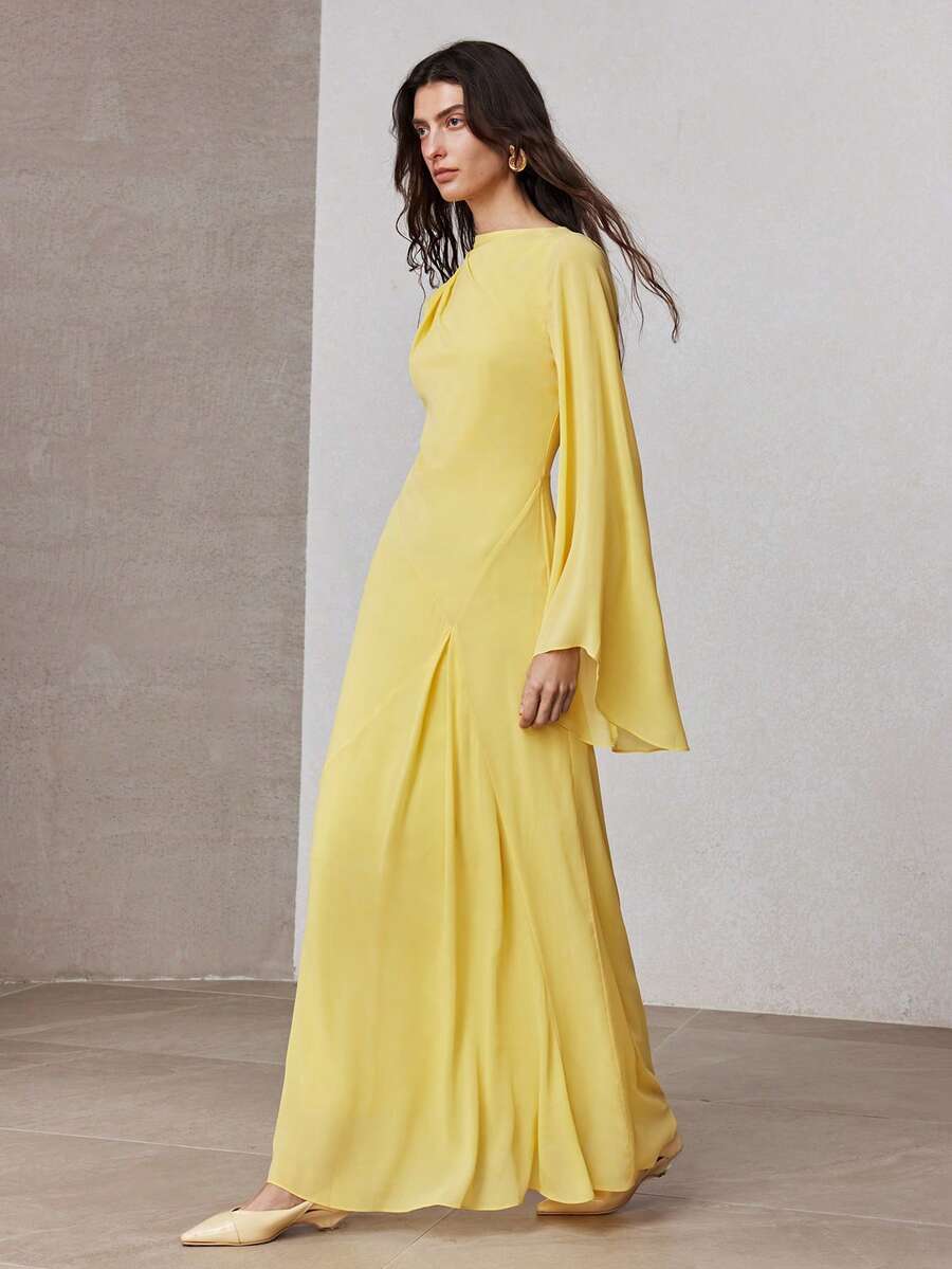 ZEYLAH Váy dài tay rộng không đối xứng ôm sát, mùa xuân - Màu vàng - Xem 1