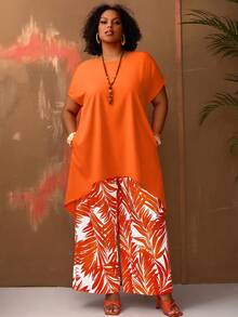 EMERY ROSE Plus Size Women Vacation Solid High-Low Hem Shirt And Tropical Plant Print Wide Leg Pants Set - Multicolor - View 5