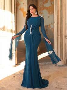 Aureia 大码优雅浪漫朦胧蓝圆领雪纺泡泡袖针织水钻装饰鱼尾拖尾连衣裙，适合婚礼、派对、庆典、正式晚礼服（精致设计） - 霧霾藍 - 查看 2