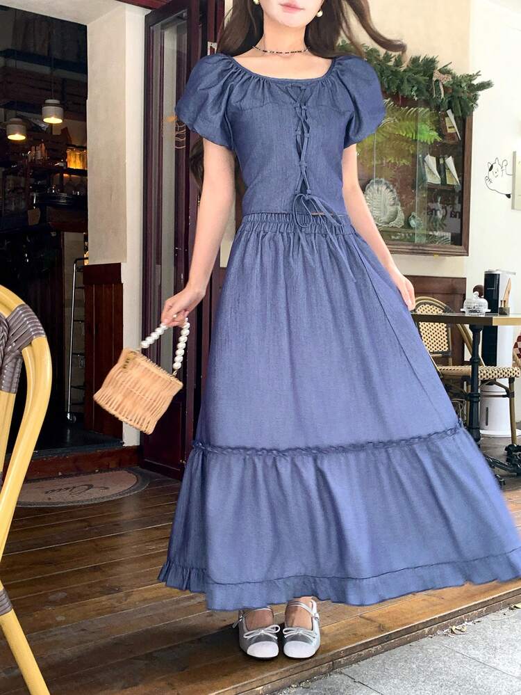 Women's Round Face Denim Effect Shirt + Ruffle Hem Skirt 2-Piece Set, Korean Style Casual