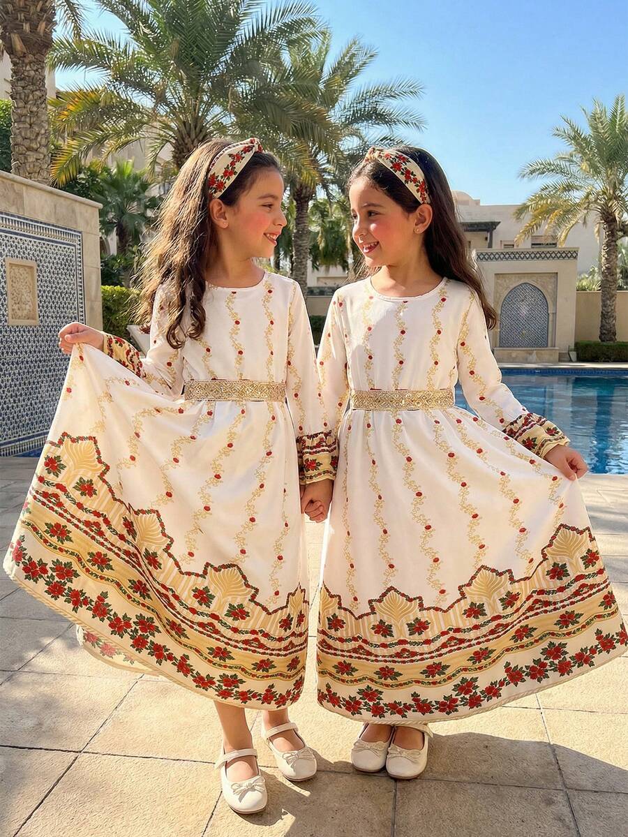 SHEIN 这款优雅的白色碎花连衣裙适合十几岁的女孩，展现出中东风情，优雅而精致，适合各种聚会场合。 - 白色 - 查看 1