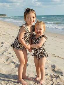 SHEIN Baby Girls Playful Leopard Print Swimsuit: Ruffle Trim Design Unlocks Fashionable Swimming For Babies In Summer - Multicolor - View 7