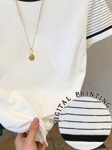 SHEIN Women's Casual Striped Patchwork Round Neck Short Sleeve T-Shirt, Summer - White - View 5