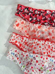 PetitDoll 4pcs/Set Cute Pink Heart Print Bow Trim Panties For Teenage Girls - Multicolor - View 4