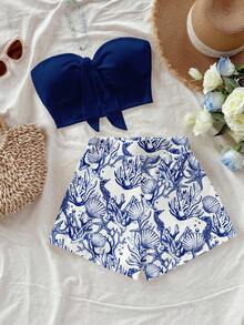 Soleia Women's Summer Casual Vacation Knotted Front Tube Top And Shell Print Shorts 2 Pieces Set Spring - Multicolor - View 7