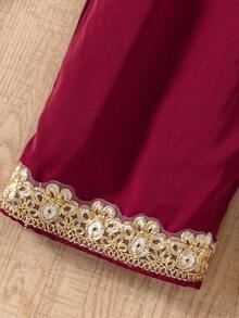 SHEIN Girls'Burgundy Middle Eastern Style Jumpsuit,Traditional Gold Embroidered Bell Sleeve Autumn Wedding Pilgrimage Celebration Outfit,Spring/Summer Wear - Multicolor - View 5