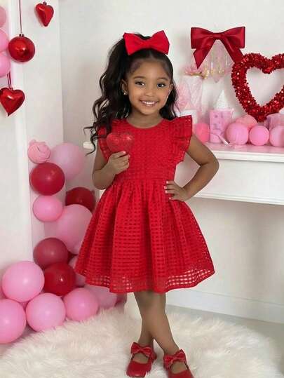 Young Girl Elegant Ruffled Red Dress, Suitable For Valentine's Day, Birthday Party, Gathering, Wedding