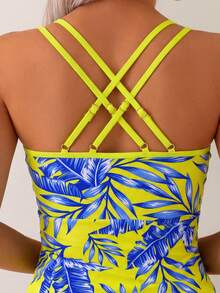 Swim Lushoire 女士热带风情随机印花针织面料优雅休闲比基尼两件套泳衣，适合夏季度假和海滩穿着 - 黃色 - 查看 5
