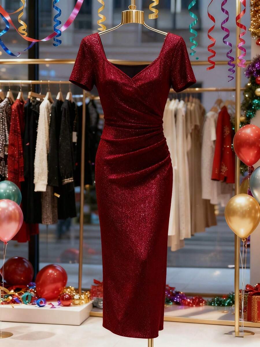 Franclia Women's Solid Burgundy Cross-Neck Square Neck Slim-Fit Bodycon Short-Sleeved Dress With Pleats At The Waist. Burgundy Dress, Red Dress, Festive New Year's, Valentine's Day, Date, Summer Dress, Summer, Women's Summer Dress, Summer Outfit, Women's Long Summer Dress, Valentine's Day, Women's Valentine's Day Outfit, Valentine's Day Clothing, Valentine's Day Dress, Party Dress, Elegant Party Dress, Women's Party Dress, Elegant Party Dress, Women's Elegant Dress, Women's Elegant Outfit, Elegant Dress, Women's Elegant Gown, Women's Elegant Dress, Sparkly Dress, Red Dress, Women's Red Dress. - Burgundy - View 1