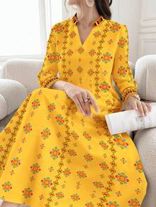 SHEIN Najma 女士优雅花卉几何对称印花长袖立领睡袍，适合春夏穿着 - 彩色 - 查看 1