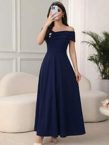 SHEIN 少女藏蓝色交叉领口收腰A字长款派对礼服/正式礼服 - 寶藍色 - 查看 2