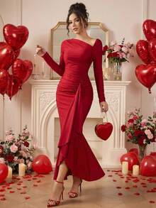 Amorya Vestido de punto de textura de unicolor con cuello asimétrico, volantes en el bajo y manga larga elegante para dama de oficina, ropa de mujer de otoño - Rojo - Ver 4