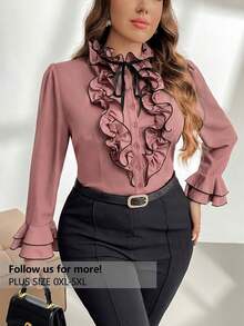 Firerie Áo sơ mi dài tay dáng loe phối màu thanh lịch, cỡ lớn, kiểu dáng công sở. - Bụi hồng - Xem 1