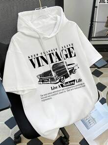 Resyla 女士连帽短袖T恤，复古汽车图案印花，休闲宽松短袖上衣 - 白色 - 查看 4