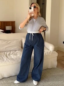 SHEIN Maternity Striped Print Contrast Waist Casual Versatile Jeans Valentine's Day Vacation Outfits Women Carnaval Summer Spring Commuting Graduation Chic Y2k Cute Streetwear Party Wedding Elegant Business Casual Woman