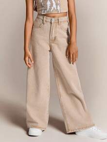 Radiana Quần jean denim dáng rộng, họa tiết ngôi sao Y2K, quần dài thanh lịch, quần ống rộng đơn giản, đa năng, trang phục thu đông cho bé gái tuổi mới lớn, trang phục dạo phố trở lại trường, thoải mái và đa năng, dành cho bé gái từ 8-12 tuổi, thích hợp cho bé đi học, ở nhà và du lịch - Màu Khaki - Xem 1