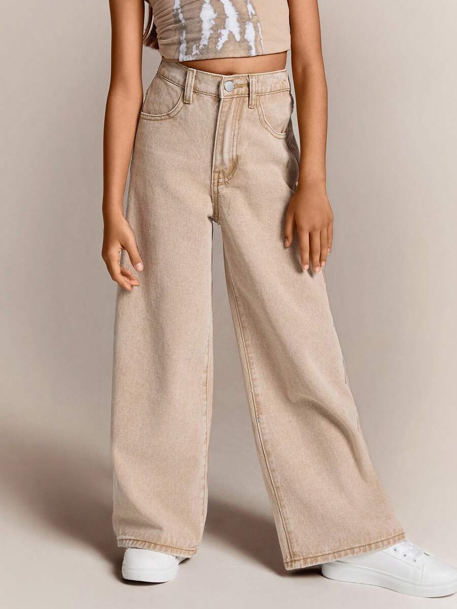 Radiana Quần jean denim dáng rộng, họa tiết ngôi sao Y2K, quần dài thanh lịch, quần ống rộng đơn giản, đa năng, trang phục thu đông cho bé gái tuổi mới lớn, trang phục dạo phố trở lại trường, thoải mái và đa năng, dành cho bé gái từ 8-12 tuổi, thích hợp cho bé đi học, ở nhà và du lịch - Màu Khaki - Xem 1