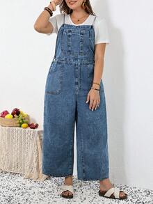 SHEIN CURVE+ 大码纯色休闲连体裤，春夏嘉年华服装，通勤度假毕业时尚Y2K可爱街头风派对婚礼优雅商务休闲女装，大码牛仔背带裤，休闲宽松阔腿连体裤，可调节肩带带口袋，浅蓝色 - 藍色 - 查看 5