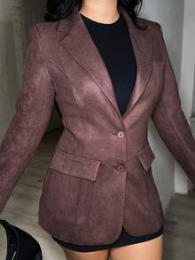 Dayanna Comas Faux Suede Multi-Pocket Long Sleeve Elegant Blazer Jacket - Brown - View 3