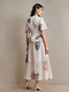 Anewsta 女款白色與粉色玫瑰花卉印花優雅圓領短袖A字長洋裝，夏季荷葉邊飾婚禮伴娘禮服 - 彩色 - 查看 2