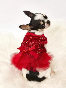 PETSIN 1 pieza Vestido de princesa con lentejuelas y malla para mascotas para el Día de San Valentín - Rojo - Ver 2