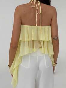 Aloruh 女士纯色3D立体花卉装饰双层荷叶边露背上衣 - 黃色 - 查看 2