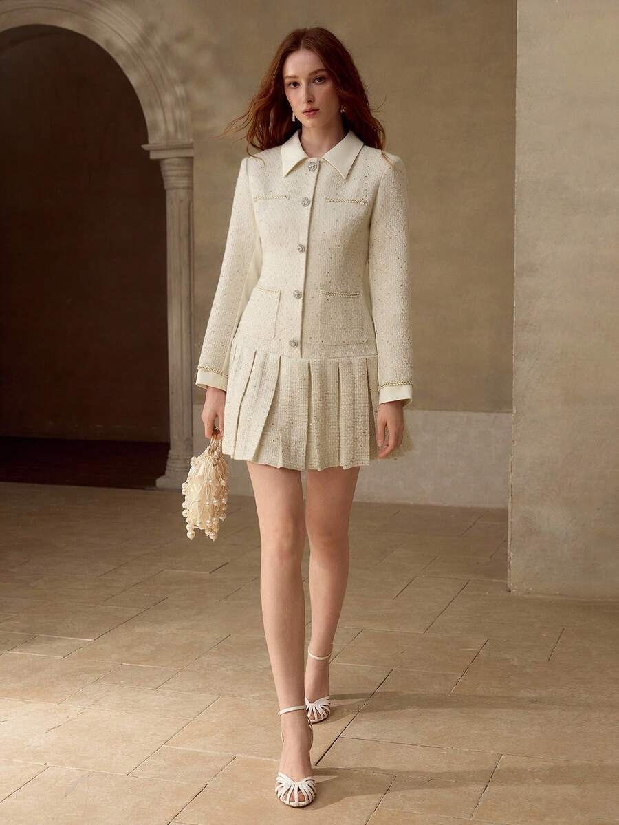 MOTF PREMIUM 女士粗花呢撞色褶裥下摆连衣裙 - 白色 - 查看 1