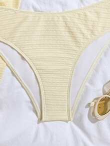 Teen Girl Swimwear, Yellow Striped 3 PiecesSwimwear Set With Drawstring Skirt, Simple & Elegant Student Beach Swimwear - Yellow - View 6