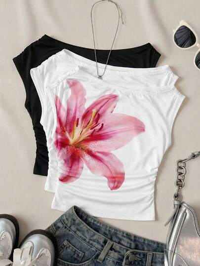 少女褶皱不对称休闲时尚百搭T恤