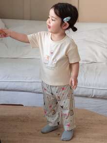 DAZY 2件套女婴卡通印花长袖T恤和条纹休闲裤家居服套装 - 白色 - 查看 3