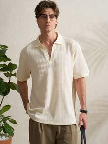 Airaco Men's Solid Color Textured Collar Short Sleeve Casual Versatile T-Shirt - Beige - View 6